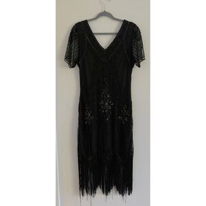 Babeyond Black Beaded Sheer Sleeve Fringe Bottom Dress Medium
